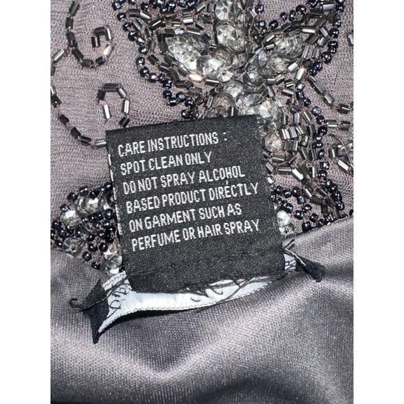 Dusty Violet Pisarro Nights Dress Gray Beaded Mesh 3/4 Sleeve Embellished Size 4 - Picture 13 of 15